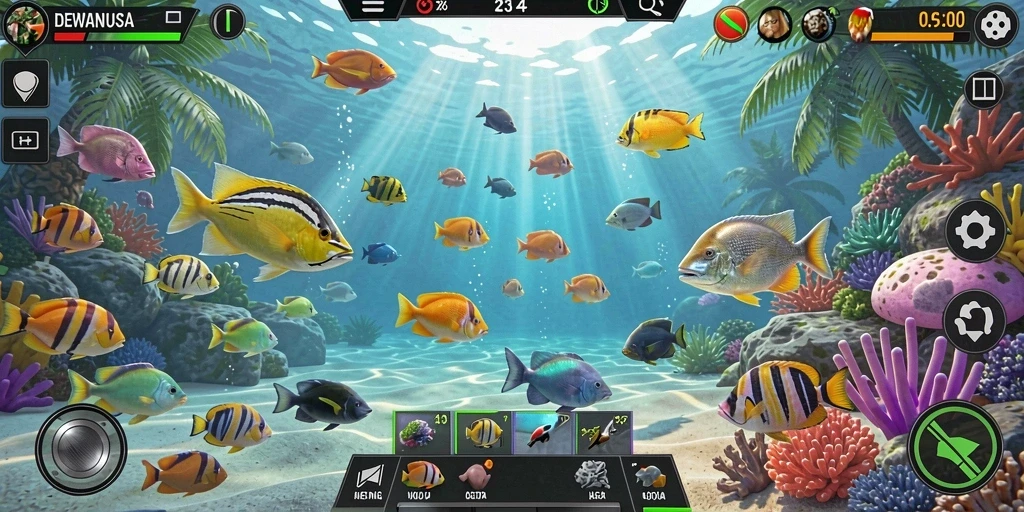 Screenshot DEWANUSA menampilkan gameplay seru dalam menangkap ikan.