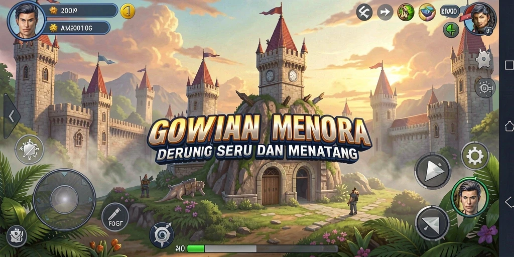 Tampilan gameplay GOWIN dengan berbagai menara dan musuh dalam pertempuran Tower Defense.