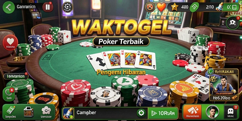 Tampilan gameplay WAKTOGEL yang mendebarkan dengan meja poker dan kartu.
